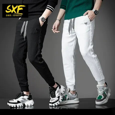 SXF圣希梵裤子男春秋 2023新款刺绣小脚卫裤华夫格潮男士休闲长裤图片