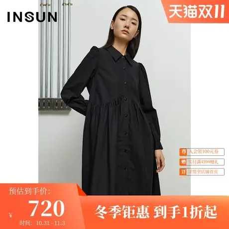 恩裳春时尚腰间褶皱宽松流行H版型衬衫式连衣裙女图片
