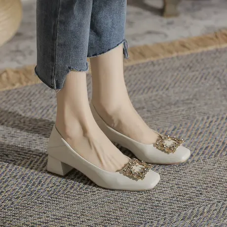 方扣单鞋女2023年春秋新款中跟粗跟方头小皮鞋职业工作气质高跟鞋图片