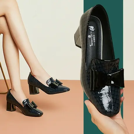 秋季新款时尚百搭英伦风粗跟小皮鞋女方头中跟乐福蝴蝶结单鞋商品大图