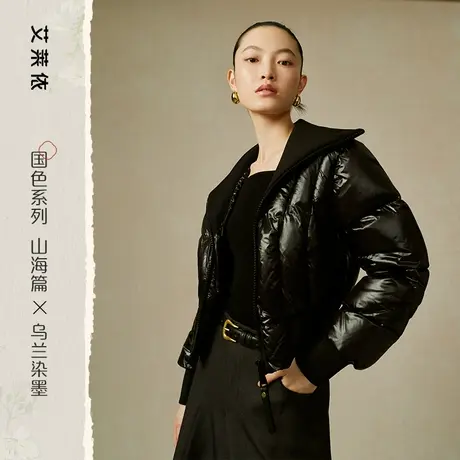 艾莱依新中式羽绒服女2023新款针织翻领摩登短款冬季保暖鹅绒外套商品大图