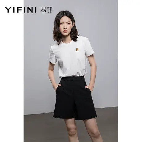 Yifini/易菲简约宽松短袖T恤女夏季新款通勤圆领白色上衣商品大图