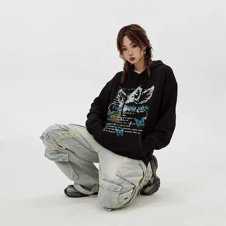 YEP复古印花卫衣女春秋2023年新款连帽美式潮牌宽松oversize上衣商品大图