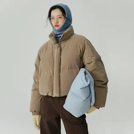 omont蛋挞家 蓝色立领短款羽绒服女冬季2023新款小个子面包服外套商品大图