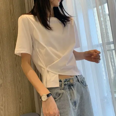 短款别致上衣不规则短袖正肩T恤女装夏季韩版ins潮宽松设计感小众图片