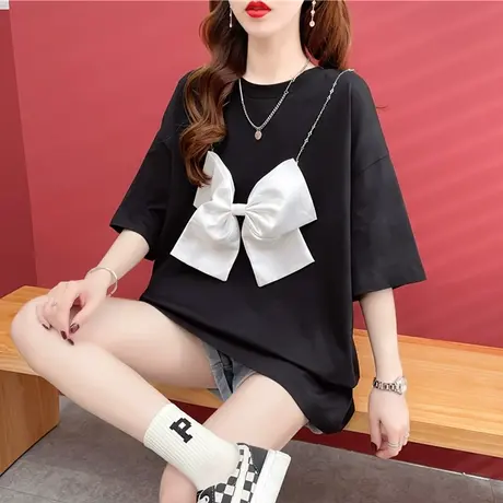 设计感小众短袖t恤女夏韩版宽松大码女装中长款重工蝴蝶结上衣服图片