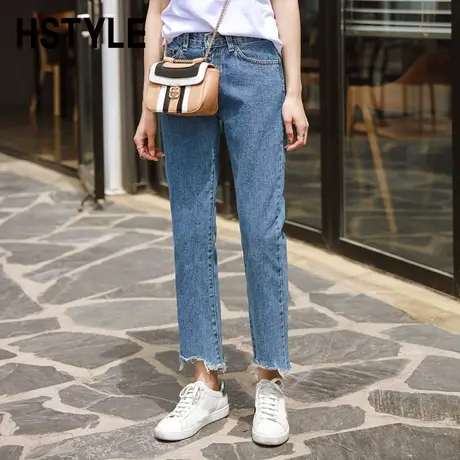 韩都衣舍2024春新款女装直筒牛仔裤复古港风水洗毛边长裤小脚裤图片