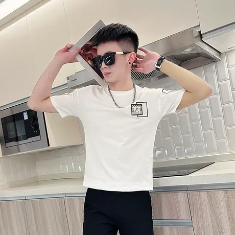 夏季男士t恤短袖男装修身半袖潮流圆领刺绣半截袖重磅个性ins体恤商品大图