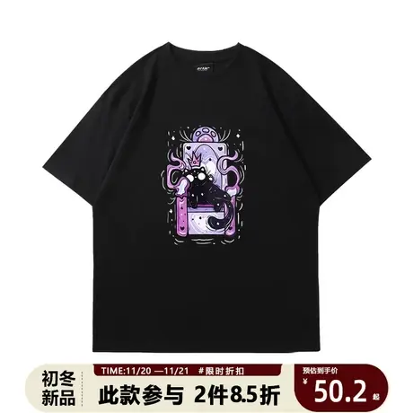 美式手绘卡通复古猫咪短袖T恤男夏季2023新款宽松情侣百搭上衣图片