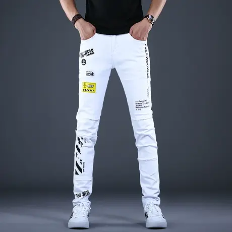 男士刺绣白色牛仔裤男秋冬男款2023新款修身小脚休闲裤子印花高端商品大图