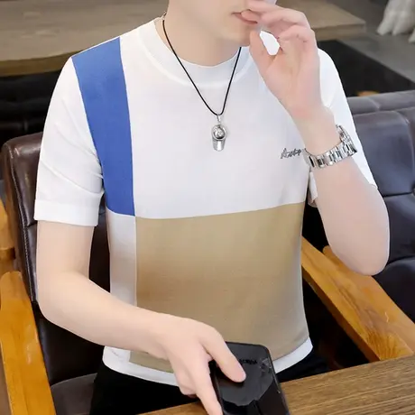 冰丝短袖男款t恤夏季潮流韩版时尚拼色薄款清凉感滑料针织打底衫商品大图