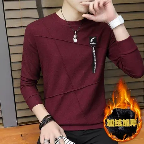 2023新款冬秋季上衣服男装长袖t恤男士秋衣加绒加厚卫衣保暖小衫商品大图