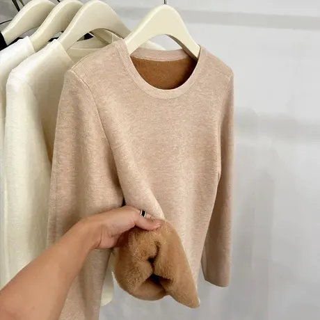 加绒加厚毛衣女2023秋冬新款长袖一体绒水貂毛保暖圆领套头针织衫图片