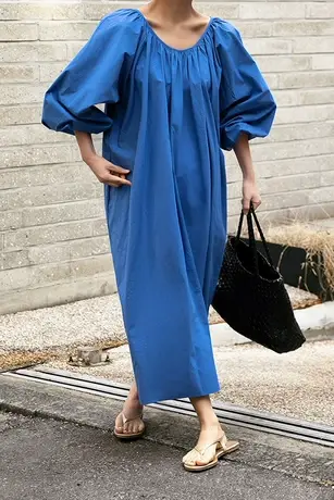 夏装新款七分泡泡袖过膝长款连衣裙女韩版宽松大码系带收腰时尚裙图片