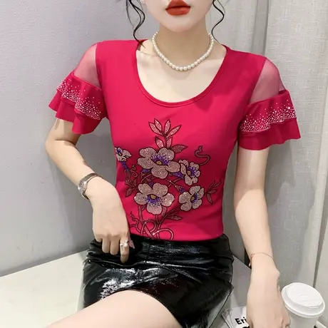 网纱拼接荷叶边T恤女短袖2023夏装新款性感镂空上衣洋气烫钻小衫商品大图