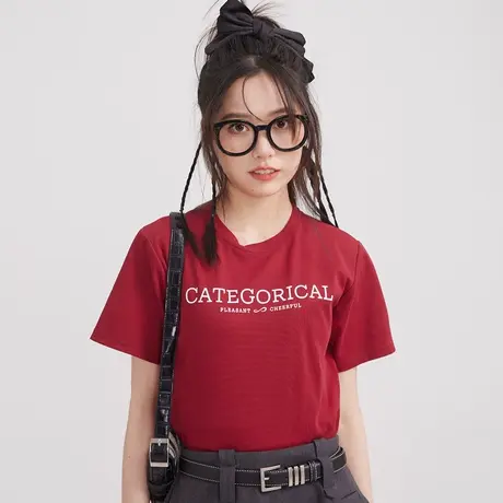尔给夏季港风复古减龄甜美红色上衣宽松正肩短袖t恤女2023新款商品大图