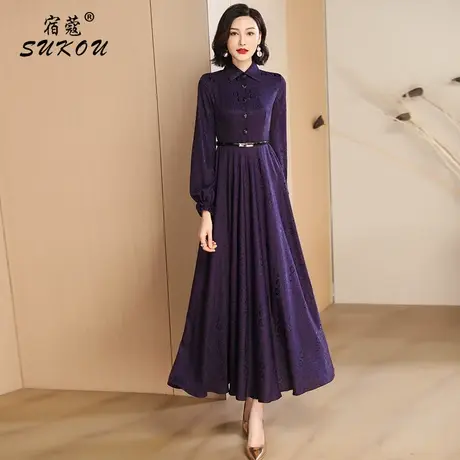 高贵紫色印花衬衫领连衣裙女2024秋装新款遮肚子减龄干练气质女装图片