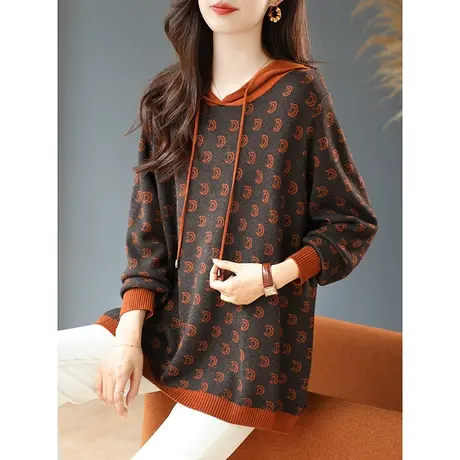 宝诗黎连帽字母提花宽松休闲针织卫衣女春季长袖套头上衣2024新款商品大图