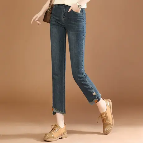 韩潮袭人深蓝直筒修身牛仔裤女2024春季新款磨白百搭显瘦烟管裤图片