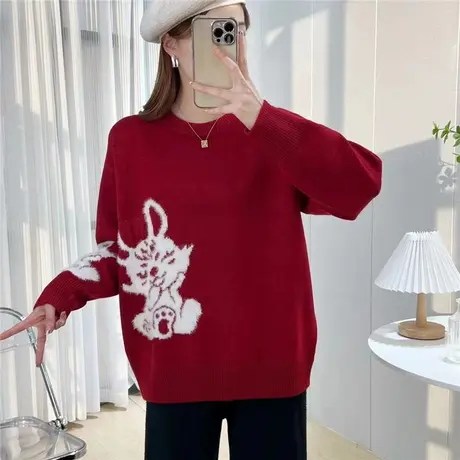今年爆款圆领毛衣女2023年新款时尚洋气本命年中国红兔子打底衫女图片