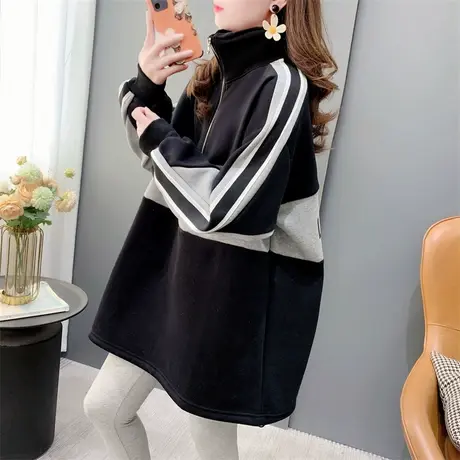 设计感加绒加厚拼色半拉链卫衣女2023秋冬新款宽松慵懒风外套上衣商品大图