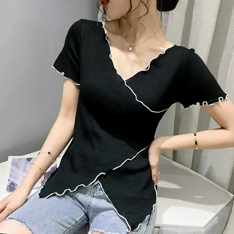 性感V领交叉T恤女短袖夏设计感小众不规则上衣洋气显瘦冰丝针织衫商品大图