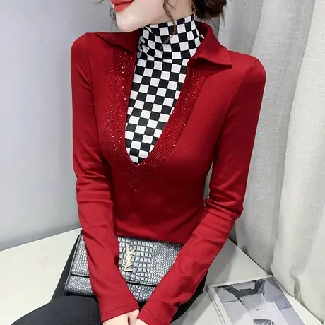 加绒加厚打底衫女秋冬修身百搭洋气长袖T恤欧货时尚拼接撞色上衣商品大图