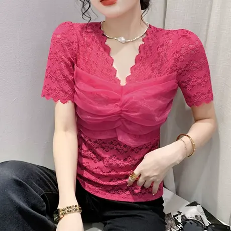 欧货气质V领蕾丝上衣女时尚性感T恤2024夏装新款百搭显瘦修身小衫图片