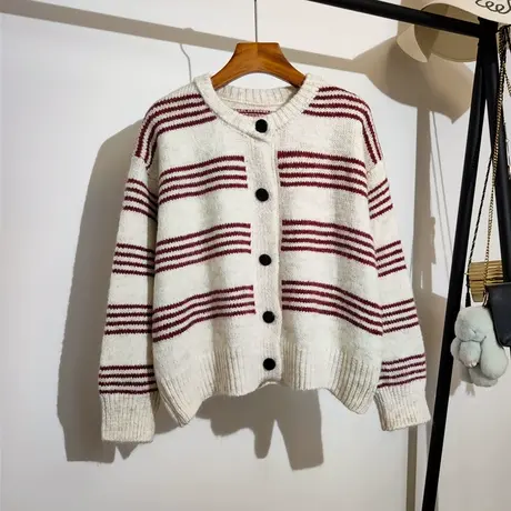 条纹针织开衫女2023秋冬新款韩版宽松圆领百搭学院风毛衣加厚外套商品大图