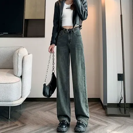 复古窄版阔腿牛仔裤女2023年秋季新款高腰宽松直筒百搭垂感拖地裤商品大图