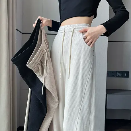 白色阔腿裤女秋季新款高腰宽松垂感拖地裤小个子欧棉绒直筒休闲裤商品大图