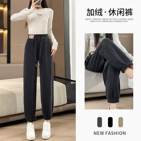 灰色阔腿休闲裤女窄版2023年秋冬季新款加绒加厚设计感修身直筒裤图片