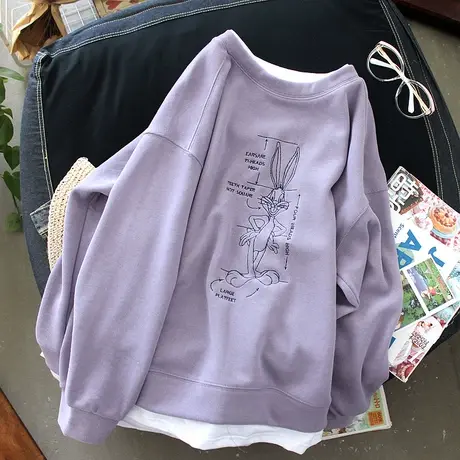 卫衣女加绒加厚2022新款韩版ins潮刺绣卡通兔子宽松假两件上衣服商品大图