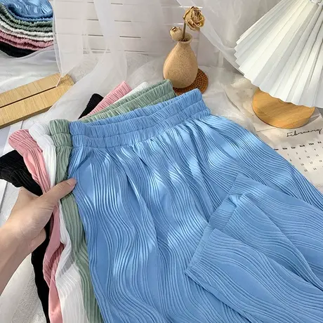 水波纹冰丝阔腿裤女夏季薄款2023新款宽松垂感高腰拖地休闲直筒裤图片