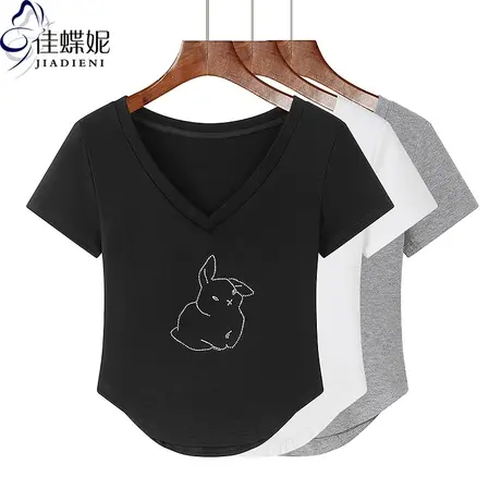 夏季新款V领修身下摆圆弧短款纯欲纯棉烫钻短袖体恤上衣女打底衫商品大图