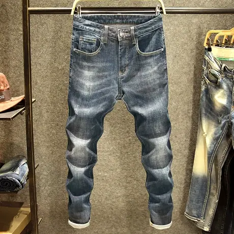 春秋季蓝色男士潮牌牛仔裤修身小脚裤潮流韩版水洗男裤弹力显瘦厚商品大图
