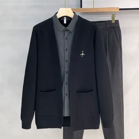 高档通勤假两件毛衣男秋季商务休闲衬衫领男士针织开衫衫刺绣外套图片
