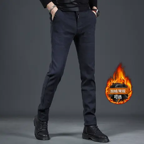 高端休闲裤男秋冬新款加绒加厚蓝色修身小脚男士保暖弹力百搭裤子商品大图