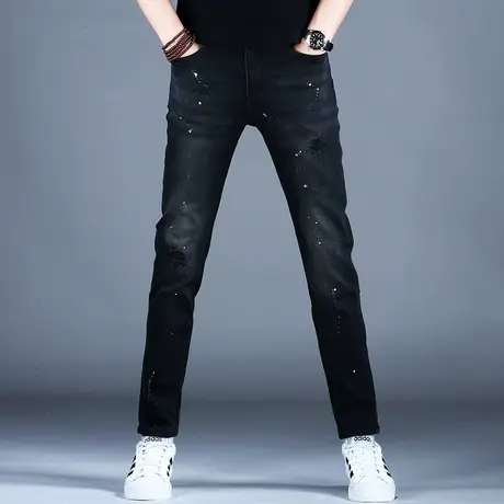 秋冬款黑色破洞牛仔裤男裤美式高街2023新款小脚修身裤子潮流弹力商品大图