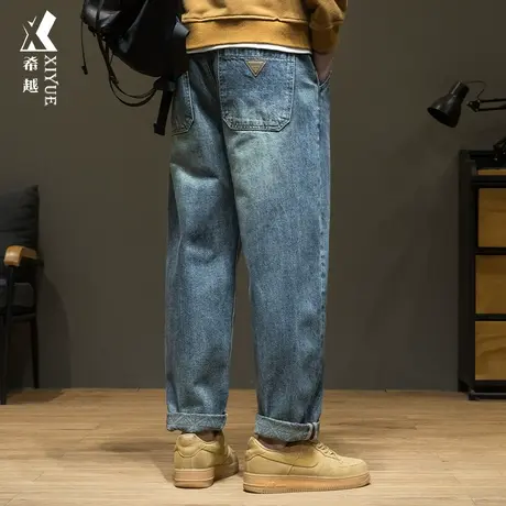 希越复古水洗牛仔裤男士宽松直筒大码休闲裤子2023秋冬新款男裤潮商品大图