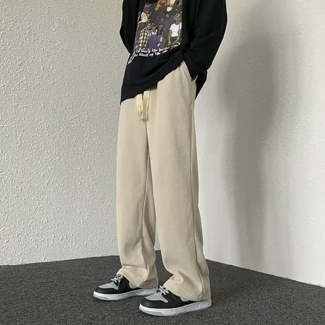 日系休闲灯芯绒裤子男春秋季潮牌宽松直筒裤美式棕色复古米白长裤商品大图