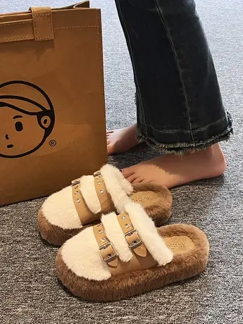 加绒保暖毛毛拖鞋女秋冬外穿2023新款增高厚底居家毛茸茸包头棉拖商品大图