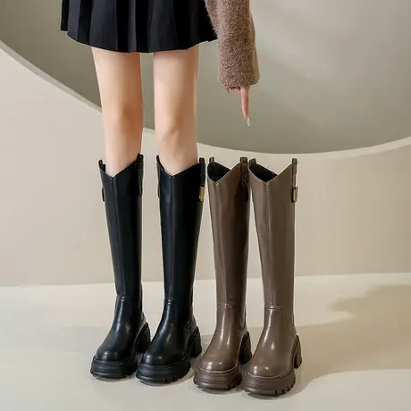 长筒靴女2023春秋新款英伦风小个子复古瘦瘦靴粗跟厚底v口骑士靴商品大图