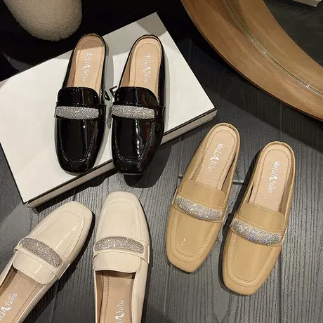 气质百搭包头懒人半拖鞋女秋外穿2024新款平底凉拖水钻方头穆勒鞋商品大图