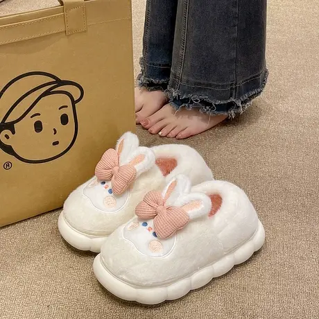 少女心可爱兔子蝴蝶结棉拖鞋女冬季室内居家毛绒保暖厚底包跟棉鞋商品大图