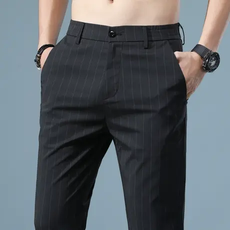 夏季冰丝薄款黑色条纹西裤男士直筒宽松商务正装九分休闲裤子高端商品大图