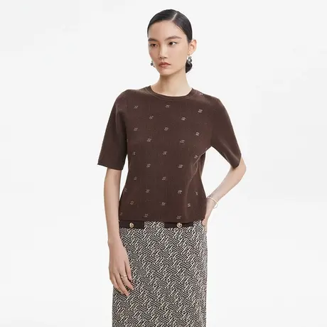 LANCY/朗姿桑蚕丝羊毛针织衫秋季新款短袖宽松圆领通勤女装奥莱图片