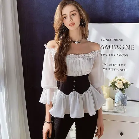 粉红大布娃娃高级感衬衫女2022新款露肩法式复古雪纺气质打底上衣图片