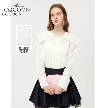 missCOCOON娃娃领拼接蕾丝花边上衣2023秋新女宽松荷叶边袖口衬衫商品大图