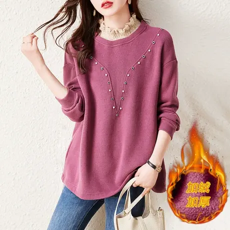 加绒加厚半高领打底衫女秋冬宽松加大码女装休闲百搭显瘦保暖卫衣商品大图